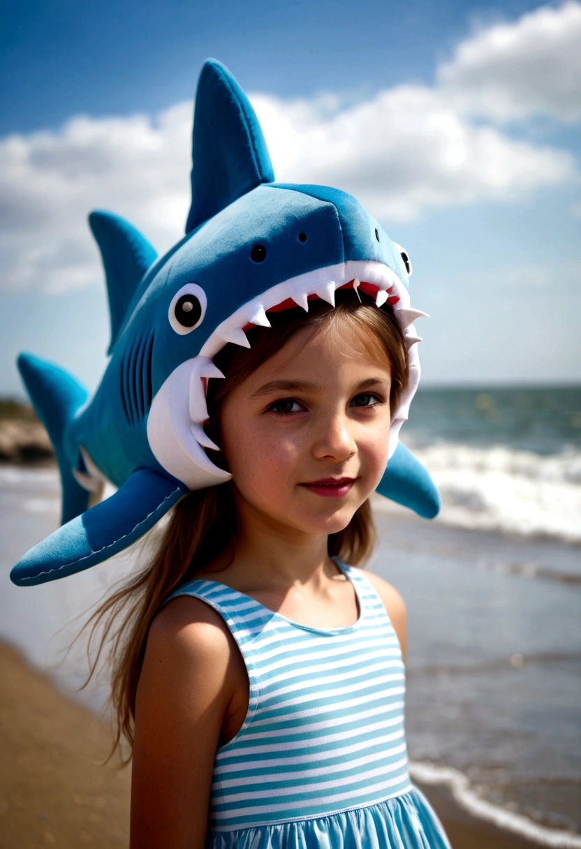 Girl with stuffed shark on her head, Seaside, DaytimeGirl with stuffed shark on her head, Seaside, Daytime