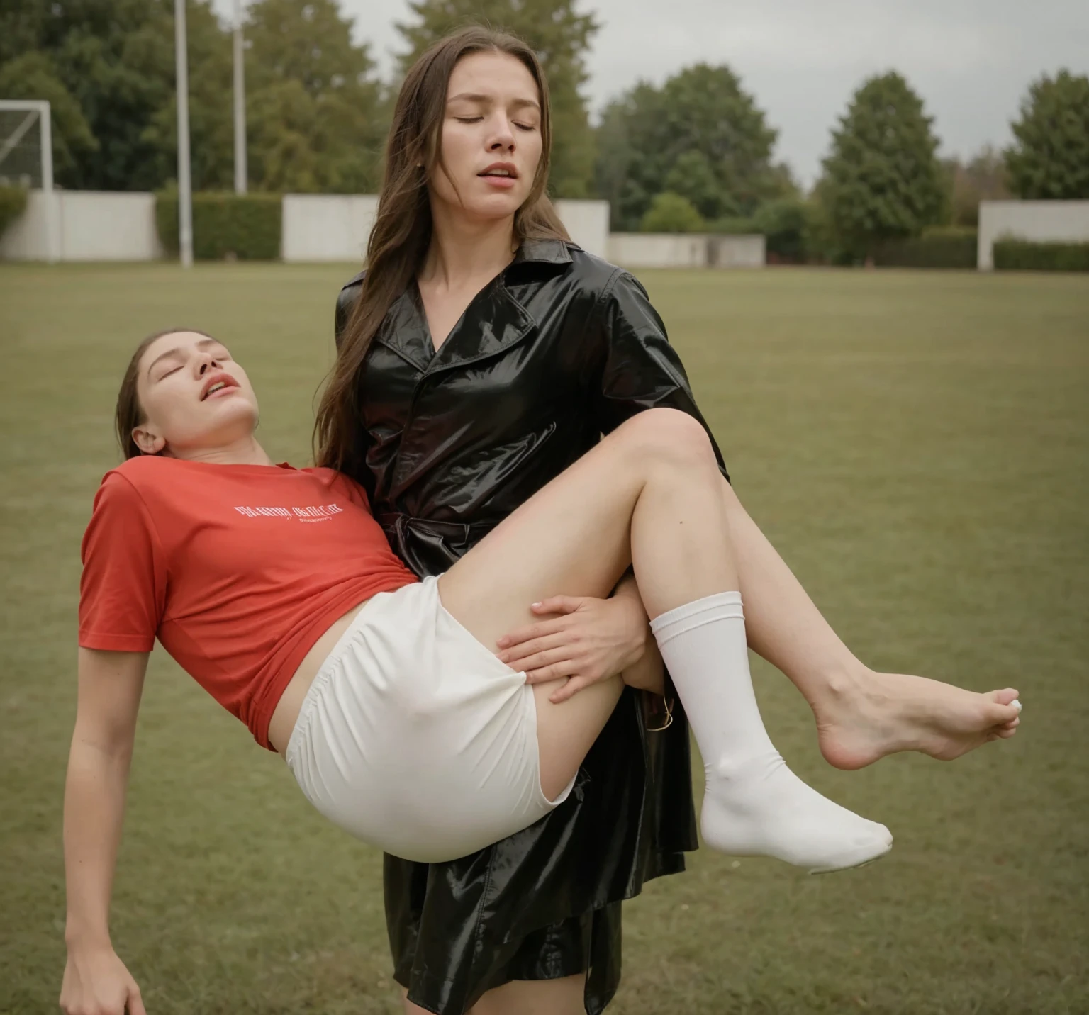 soccer action pose, affection pose, lecherous action pose, dramatic action pose, theatralic pose, there is an attractive woman that is carrying a skinny man, there is a beautiful woman in a shiny coat who is carrying a blond man in her arms, a longhaired beautiful woman in a high-shine black puffy coat, a longhaired woman in a shiny downcoat, a woman is carrying a shorthaired man who is wearing matte cotton shorts and a matte cotton t-shirt, a weak man in matte cotton sports shorts is consciousless and needs to be carried, a shorthaired man with closed eyes is carried in the arms of a longhaired woman, a woman looks very scared and terrified, a consciousless man with closed eyes is suffering very much and has a very painful face, photo, photo shoot, photographed , accident, help, aid, first aid, pity, a bad bruise on a man's ankle