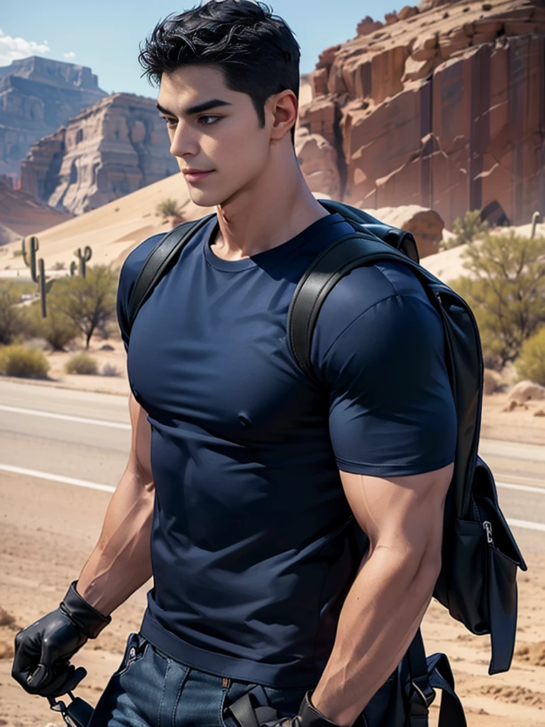 1 man,crew cut hair,(Wear a fitted round neck t-shirt in navy blue with a police badge.:1.2),Navy blue jeans,(black_gloves:1.3),(Carrying a black backpack:1.3),Korean guy,chest muscles,large arm muscles,blood vessel,Big muscles,Broad shoulders,middle of the road,(Carrying a black backpack:1.3),(In the desert:1.5),A navy blue car is in the back., ,(driving:1.4),smile,(short hair:1.4),(full_shot:1.2),