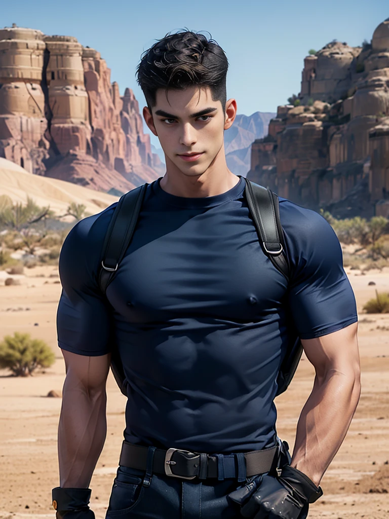 1 man,crew cut hair,(Wear a fitted round neck t-shirt in navy blue with a police badge.:1.2),Navy blue jeans,(black_gloves:1.3),(Carrying a black backpack:1.3),Korean guy,chest muscles,large arm muscles,blood vessel,Big muscles,Broad shoulders,middle of the road,(Carrying a black backpack:1.3),(In the desert:1.5),A navy blue car is in the back., ,(driving:1.4),smile,(short hair:1.4),(full_shot:1.2),