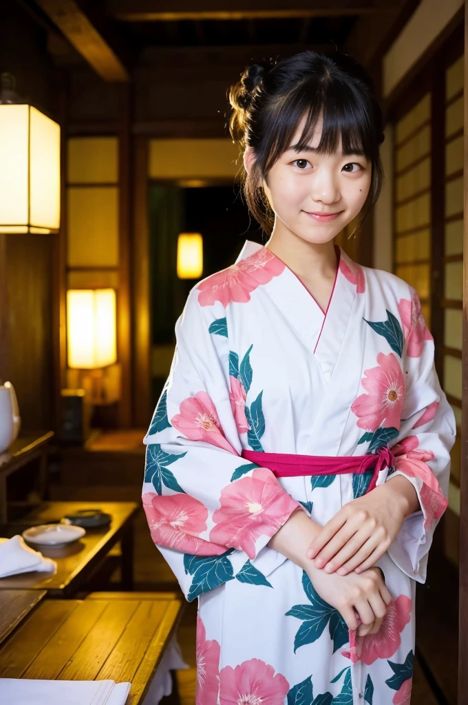 girl in ryokan on school trips,long-sleeved floral yukata,18-year-old,bangs,a little smile,thighs,knees,short hair with low pigtails bunches,from below,front light