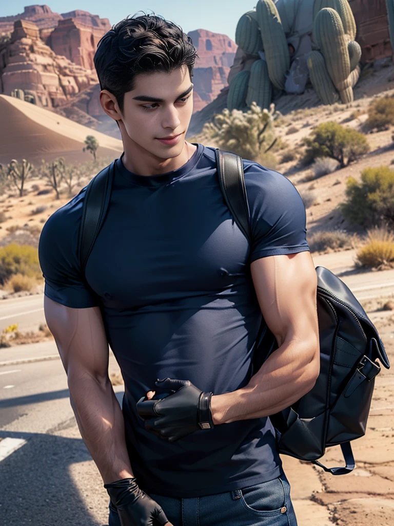 1 man,crew cut hair,(Wear a fitted round neck t-shirt in navy blue with a police badge.:1.2),Navy blue jeans,(black_gloves:1.3),(Carrying a black backpack:1.3),Korean guy,chest muscles,large arm muscles,blood vessel,Big muscles,Broad shoulders,middle of the road,(Carrying a black backpack:1.3),(In the desert:1.5),A navy blue car is in the back., ,(driving:1.4),smile,(short hair:1.4),(full_shot:1.2),