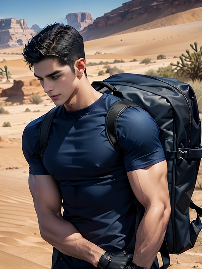 1 man,crew cut hair,(Wear a fitted round neck t-shirt in navy blue with a police badge.:1.2),Navy blue jeans,(black_gloves:1.3),(Carrying a black backpack:1.3),Korean guy,chest muscles,large arm muscles,blood vessel,Big muscles,Broad shoulders,middle of the road,(Carrying a black backpack:1.3),(In the desert:1.5),A navy blue car is in the back., ,(driving:1.4),smile,(short hair:1.4),(full_shot:1.2),