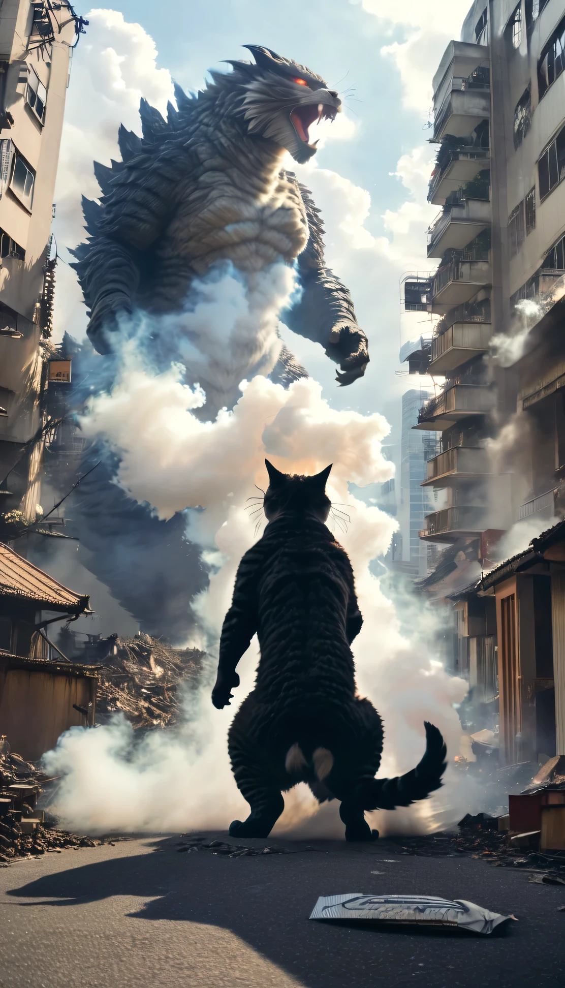 A giant cat like Godzilla is destroying the city。The giant cat is roaring。Smoke is in the background。炎があがっている
