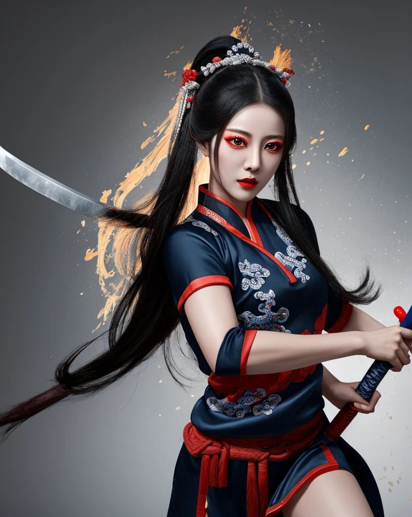 Color Ink Splashing, best quality,masterpiece,highly detailed,ultra-detailed,   beijing opera, solo, 1girl, black hair, makeup  ,fighting stance, holding weapon, portrait, 
<f