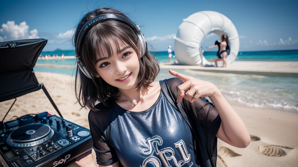 (ultra - detailed, 16K resolution, Cinema lenses, rendering by octane), (high resolution:1.18), intricate detail, (masterpiece:1.1), (highest quality:1.1), (1girl, portrait, white hair, blue eyes, short hair, detailed eyes),Wearing silver DJ headphones, Shiny silver sequined T-shirt, (on the beach:1.5), (Iconic hip-hop pop costumes:1.3), Smile while DJing on stage, in the beach, full body shot, Photorealistic photography by Sunshine, (cute round face:1.3), perfect fingers, five fingers, beautiful hands, perfect hands. master peace, cute smile.