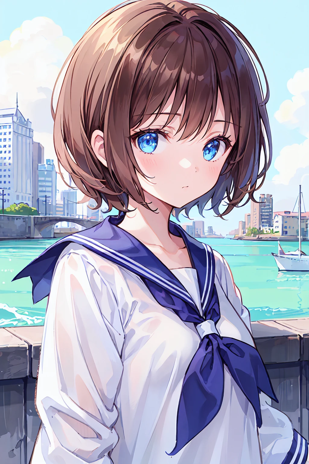 One girl, alone, Brown Hair, blue eyes, View your viewers, bangs, short hair, Sailor collar, white Sailor collar, shirt, white shirt, Bobcut, Portraiture, compensate, The whole body is visible, Background city