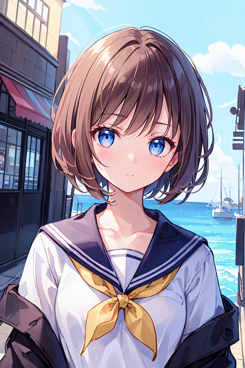 One girl, alone, Brown Hair, blue eyes, View your viewers, bangs, short hair, Sailor collar, white Sailor collar, shirt, white shirt, Bobcut, Portraiture, compensate, The whole body is visible, Background city