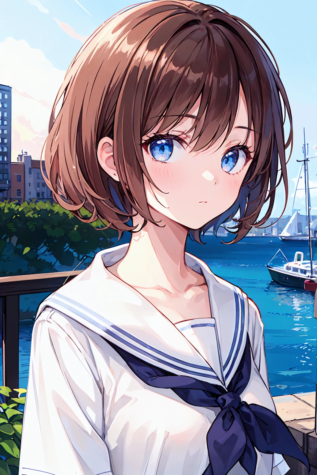  One girl, alone, Brown Hair,  blue eyes, View your viewers, bangs, short hair, Sailor collar, white Sailor collar, shirt, white shirt, Bobcut, Portraiture, compensate, The whole body is visible, Background city