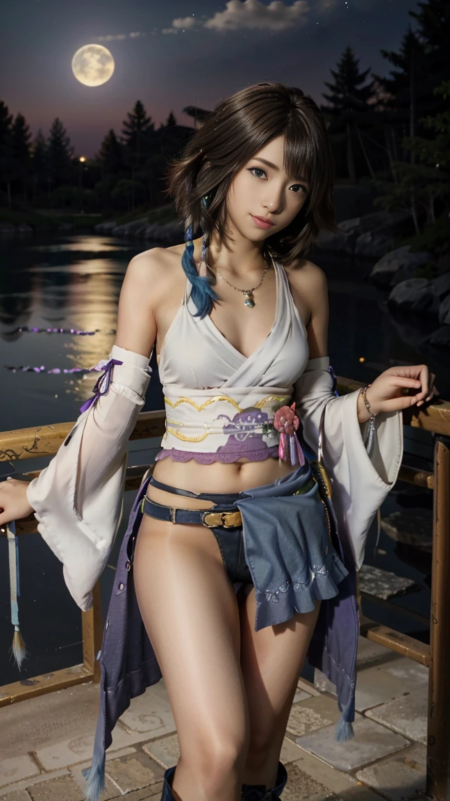 (masterpiece, Highest quality:1.3)
Yuna FF10,  One girl, alone, View your viewers, smile, short hair, blue eyes, skirt, Brown Hair, hair ornaments, jewelry, underwear, Green Eyes, Are standing, whole body, boots, Removable sleeves, kimono, Very good, Heterochromia iridis, In the same way, In the same way skirt, blue In the same way, purple In the same way, Yuna (ff10),Backwards、Night view、lake、forest