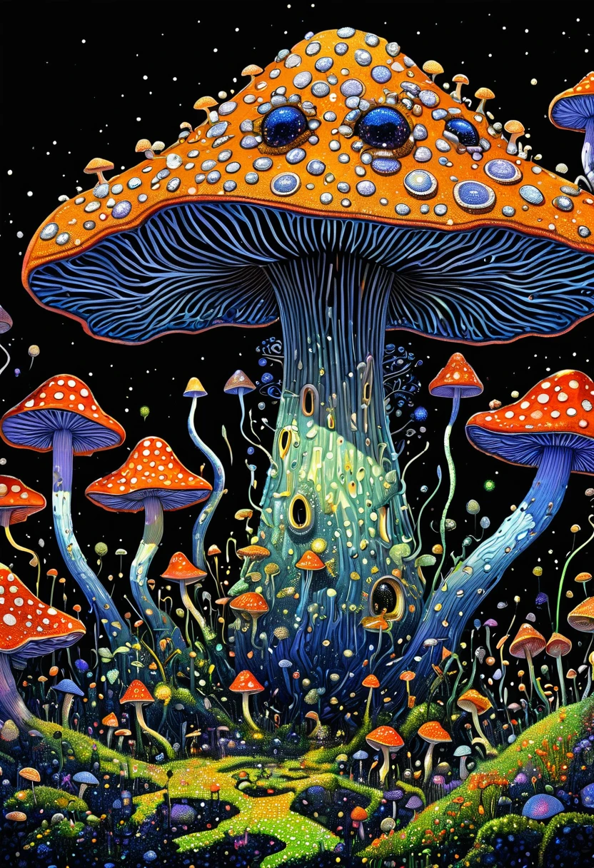 James R. Eads , Georges Seurat- Style, masterpiece, Beautiful psychedelic entropy PsyAI,Poisonous mushrooms,Spore powder,Eyes Everywhere,Psychedelic Art,Pointillism method,Trypophobia,unrealistic,Strong visual impact,black background