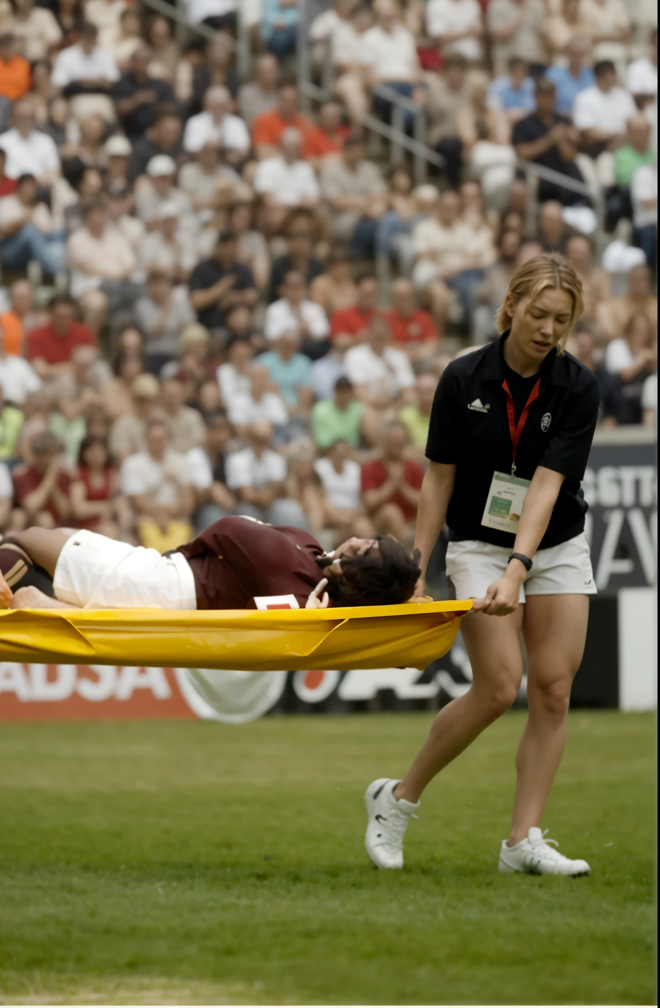 a blond woman is carrying a astretcher on a soccer field, there is a male soccer player in short sportswear lying injured on a stretcher, there is an injured sportsman who is covering his face on a stretcher, an injured sportsman is covering his face with his hands, an injured sportsman is writhing ecstatic in pain on a stretcher, dramatic pity pose, there is a very female woman in a high-shine coat, a high-shine black wetlook coat, a long shiny coat, a wetlook glossy coat, a wet black laquered coat, a very female looking wife is wearing a wetlook coat, injured, medic, soccer action pose, affection pose, lecherous action pose, dramatic action pose, theatralic pose, there is an attractive woman that is carrying a suffering man on a stretcher, there is a beautiful woman in a shiny coat who is carrying a blond man on a wet orange stretcher, a longhaired beautiful woman in a high-shine coat, a longhaired woman in a shiny downcoat, a woman is carrying a stretcher with a shorthaired man who is wearing shorts and a t-shirt, a weak man in spots shorts is consciousless and needs to be carried on a wetlook pvc stretcher, a shorthaired man with closed eyes is carried on a stretcher by a longhaired woman, a woman looks very scared and terrified, a consciousless man with closed eyes is suffering very much and has a very painful face, photo, photo shoot, photographed , accident, help, aid, first aid, pity