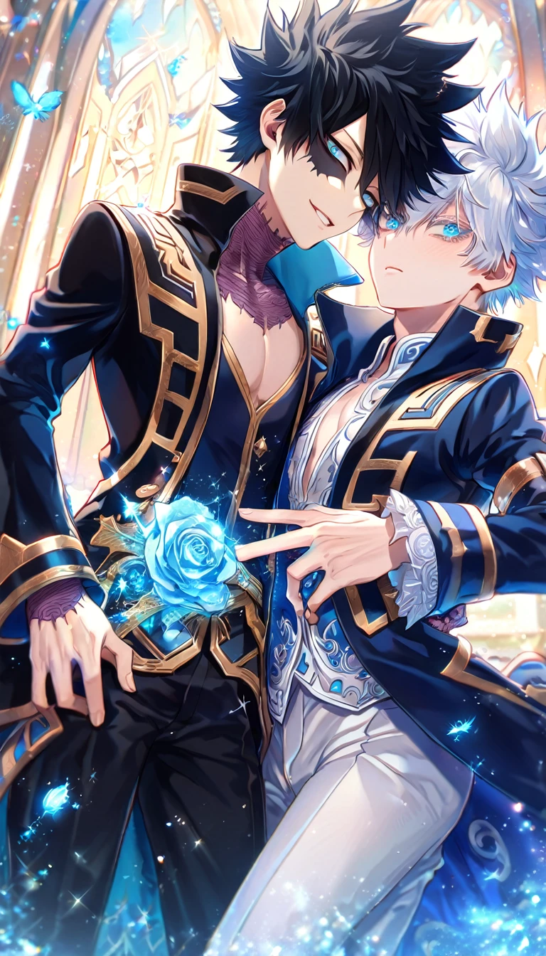 (absurdres, highres, ultra detailed, HDR) master piece, best quality, extremely detailed face, delicated features, Dabi, black hair, expressive turquoise eyes, Boku No Hero Academia, Gojou Satoru, white hair, expressive blue eyes, white eyelashes, two sexy men together, yaoi, gay couple, handsome, smile, black coat, blue coat with fur, white pants, black pants, magical fantasy, glittering, sparkling, blue roses, radiant, blue sparkling fireflies, blue fire, envy magical, fantasy