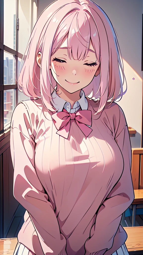 8k,(High quality:1.4),(best quality:1.4),(masterpiece:1.4),(huge breasts:1),(beautiful face:1.3),(beautiful woman:1.3),(pale pink hair:1.4),medium hair,a mole around the mouth,(enjoy:1.6),(closed eyes:1),(burst into laughter:1.4), (squinting:1.2)(school uniform:1.1),(beige sweater:1.2),(close-up:1.2),a red bow tie,(leaning forward:1.2)