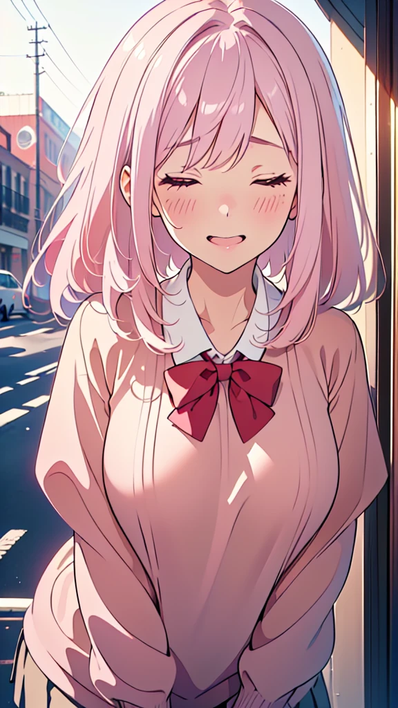8k,(High quality:1.4),(best quality:1.4),(masterpiece:1.4),(huge breasts:1),(beautiful face:1.3),(beautiful woman:1.3),(pale pink hair:1.4),medium hair,a mole around the mouth,(enjoy:1.6),(closed eyes:1),(burst into laughter:1.4), (squinting:1.2)(school uniform:1.1),(beige sweater:1.2),(close-up:1.2),a red bow tie,(leaning forward:1.2)
