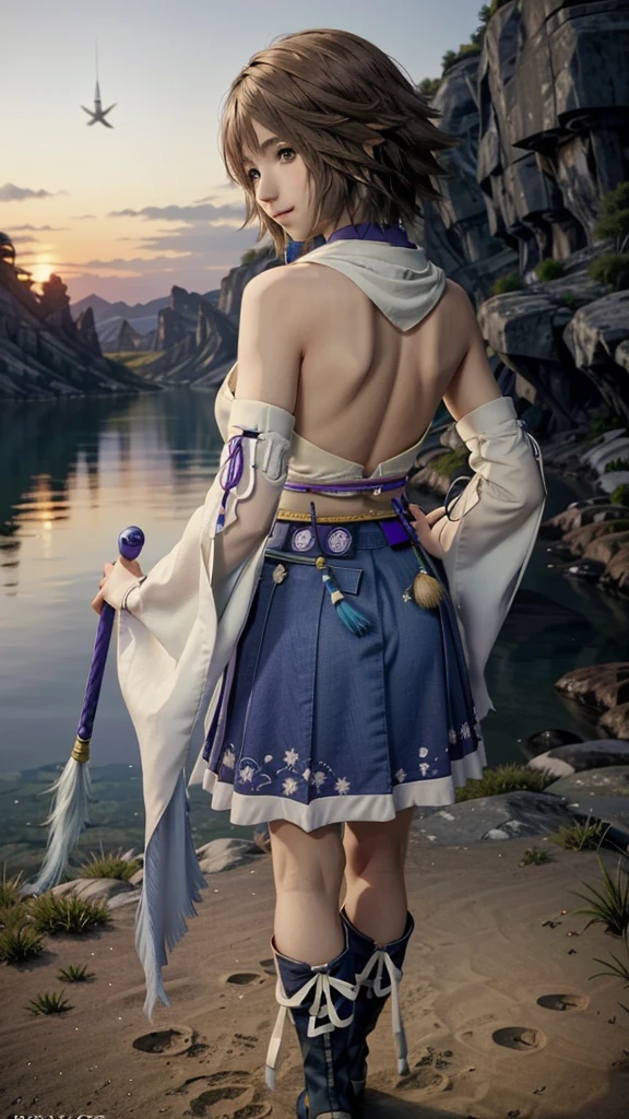 (masterpiece, Highest quality:1.3)
Yuna ff10, 1 Girl, alone, Looking at the audience, smile, short hair, blue eyes, skirt, Brown Hair, hair ornaments, jewelry, underwear, Green Eyes, Are standing, whole body, boots, Removed sleeve, kimono, good, Heterochromia iridis, in the same way, in the same way skirt, blue in the same way, purple in the same way, Yuna (ff10)、Back view、Looking back、Night view、lake、forest