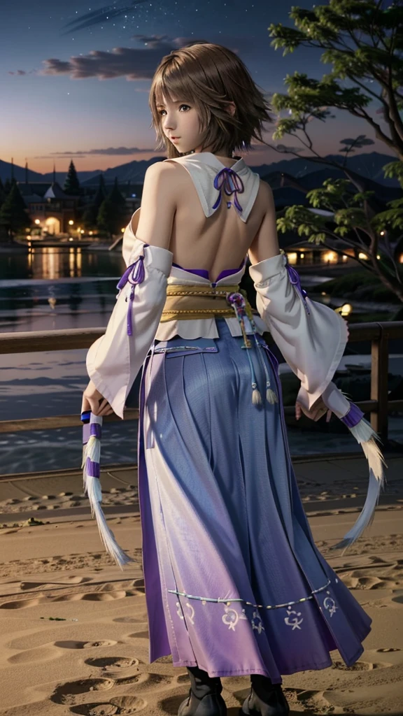 (masterpiece, Highest quality:1.3)
Yuna ff10, 1 Girl, alone, Looking at the audience, smile, short hair, blue eyes, skirt, Brown Hair, hair ornaments, jewelry, underwear, Green Eyes, Are standing, whole body, boots, Removed sleeve, kimono, good, Heterochromia iridis, in the same way, in the same way skirt, blue in the same way, purple in the same way, Yuna (ff10)、Back view、Looking back、Night view、lake、forest