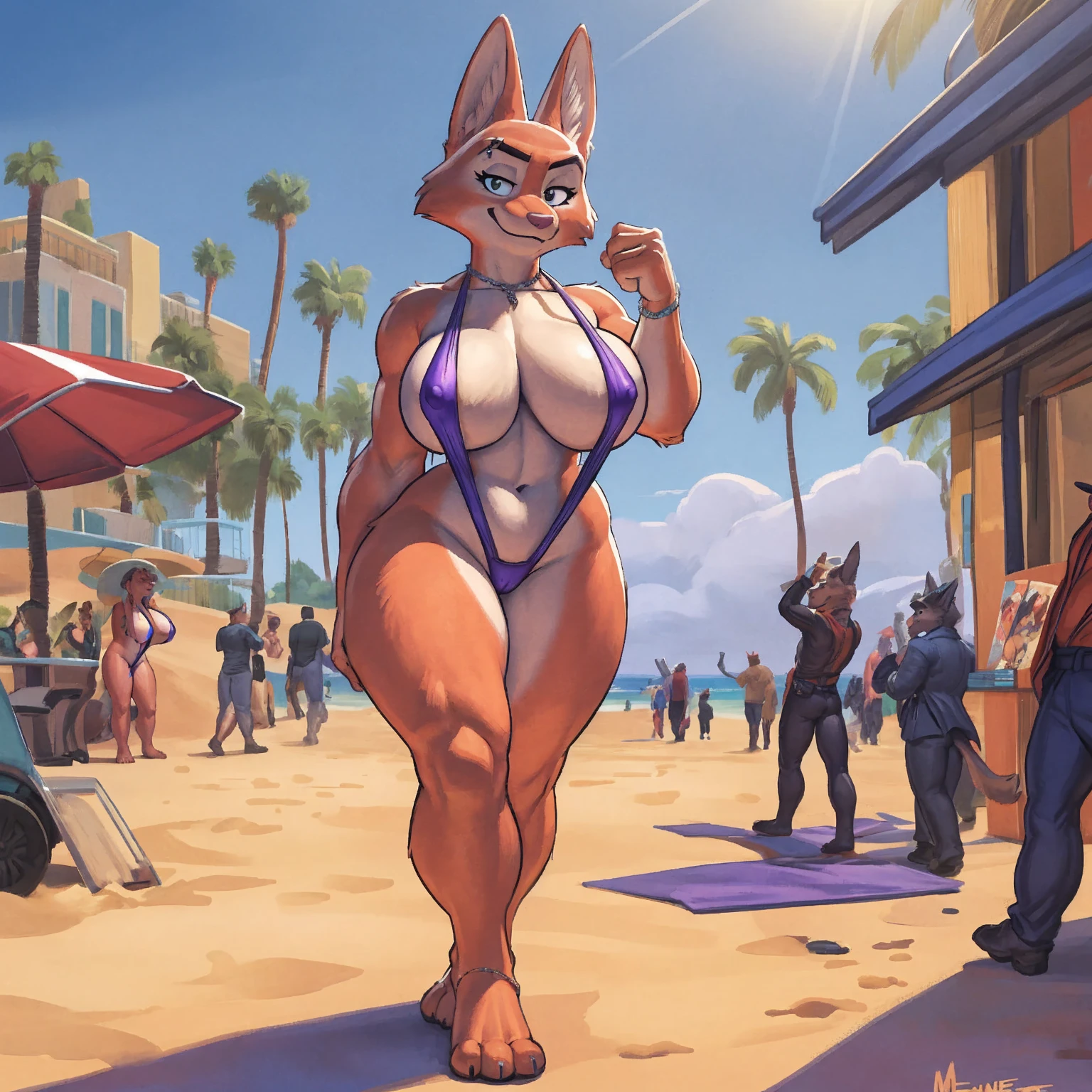 8K, ((masterpiece)), ((stunning artwork)), (carefully drawn), (highly detailed), solo, alone, uploaded to e621.net, solo, by meesh, by darkgem, by wfa, by kevinsano, by duase, by sligarthetiger, diane foxington, eyebrow piercing, female, detailed eyes, perfect eyes, (huge :1.2), nipple e, (sling bikini:1.5), standing upright, older woman, milf, short, y, thick, bare midriff, bare feet, standing on sand, walking toward viewer, smiling, tail, beachside, venice beach, los angeles, sunny day, brightly lit, standing upright, casual posture, crowded, figures in background