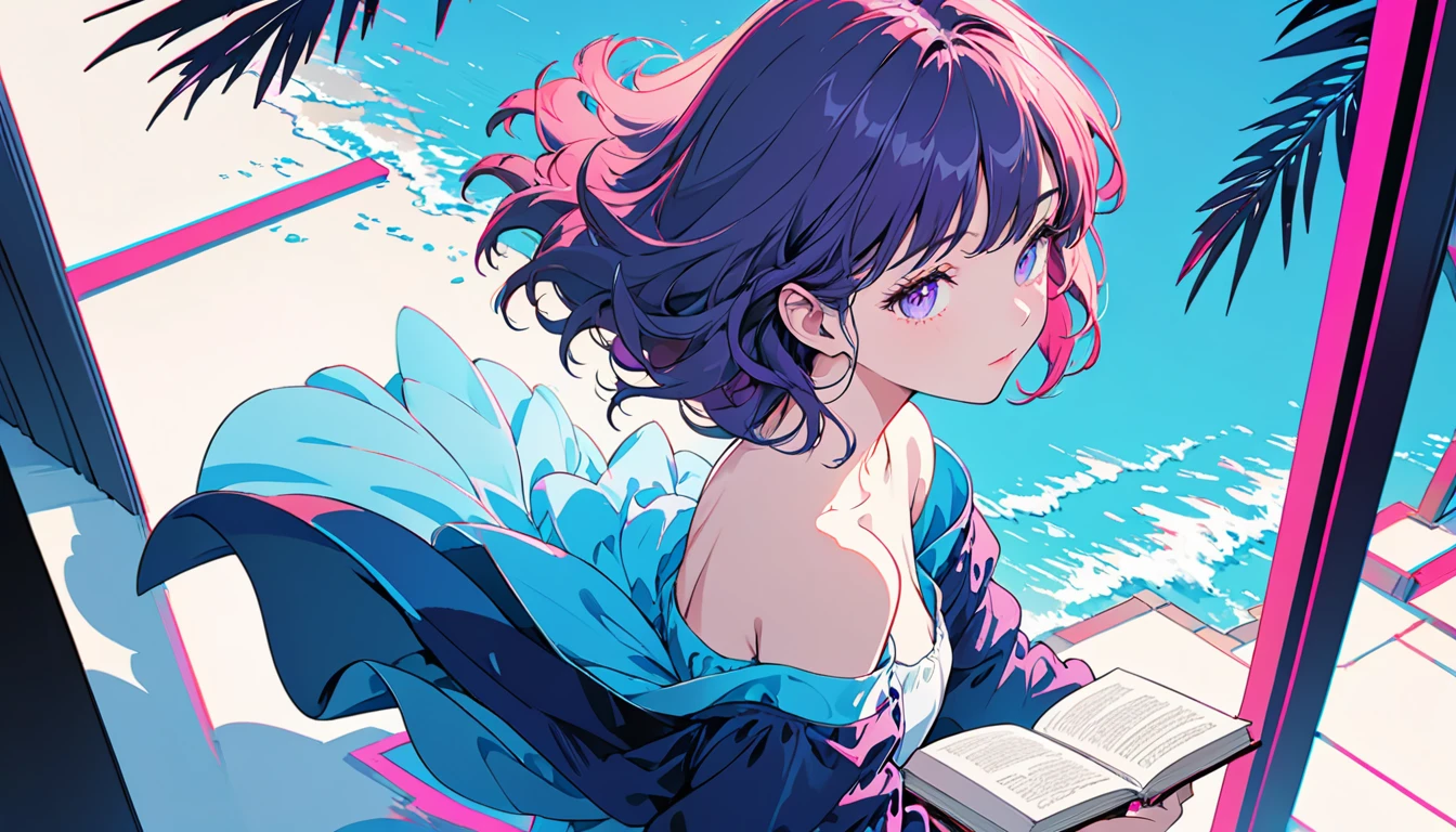 masterpiece,Highest quality,1 Synthwave style girl,Blue outline,alone,From above,Cowboy Shot,Extremely detailed CG,Flat Color,Limited Edition Palette,No line art,silhouette,Partially colored,Alternative color,Dynamic Angle,Blue Long Top Champagne,Dark purple shadow,Synthwave,chromatic aberration,(alone focus),Perfect Shadow,Wear an off-the-shoulder floating jacket,Delicate face,Bare shoulders,Beautiful and delicate eyes,Delicate background,I have a tropical atmosphere book