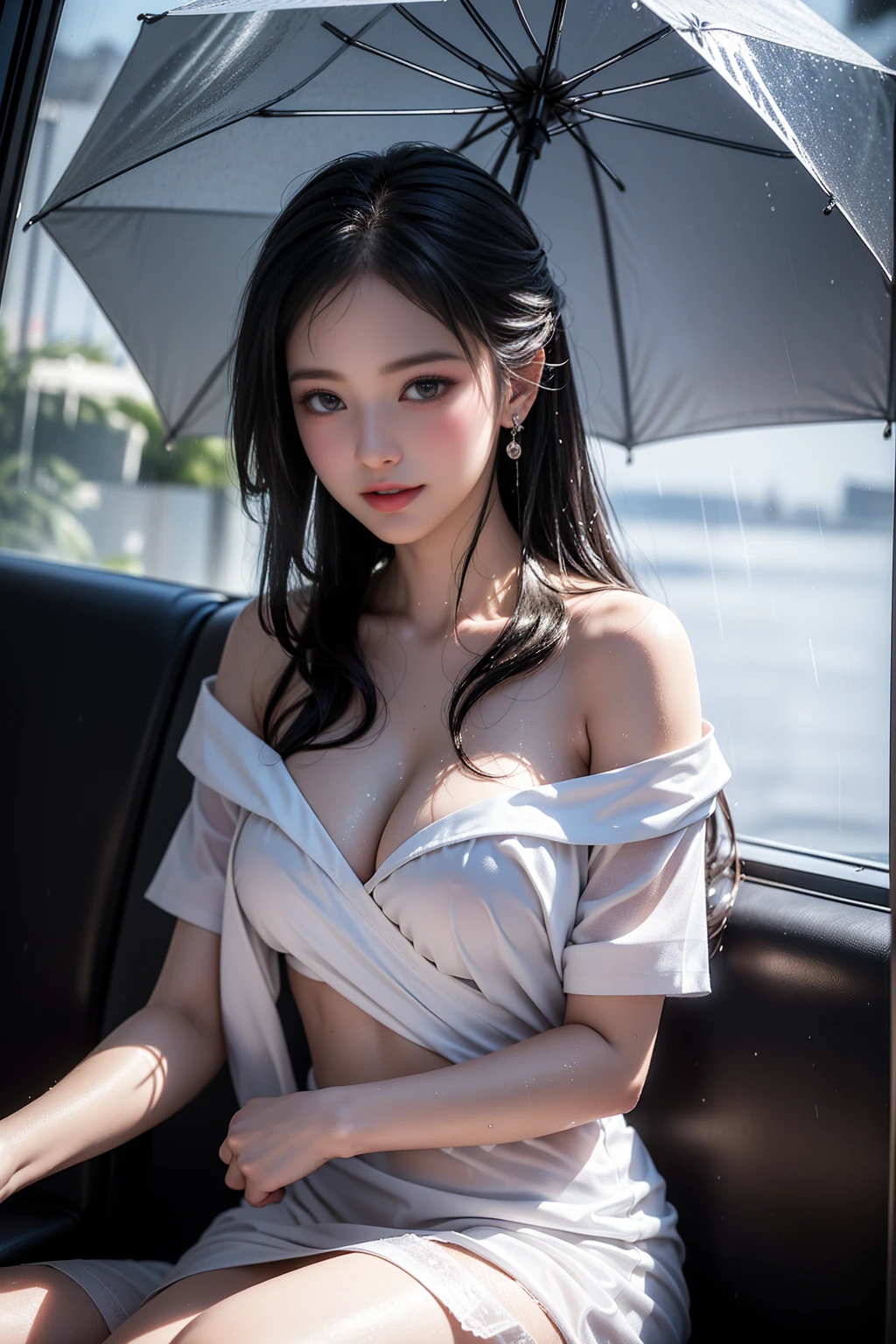 (Taking shelter from the rain in a waiting room at a lakeside park),(RAW shooting, Photorealistic:1.5, 8K, Highest画質, masterpiece, Ultra-high resolution), Perfect dynamic composition:1.2, Night Street Corner, Looking up at the sky:1.3, ((Heavy rain from a typhoon)), Highly detailed skin and face textures:1.2, 雨にWetスリムな女の子:1.3, Sexy beauty, Perfect Style:1.2, Aesthetic and beautiful, Fair skin, Very beautiful face, (Rain dripping all over my body:1. 2, Wet髪:1.4, Wet:1.2), Water droplets on the skin, (Medium chest, Chest gap), (Shy laugh, The expression when feeling intense caressing, Facial expression when feeling pleasure), (Beautiful blue eyes), Perfect body, Perfect fingertips(Girl sitting on train seat)、Best quality work,Actual work,Ultra Premium Graphics,8K HD CG works,High quality graphics,High-definition CG works,10x pixels,Extremely fine detail:1.1,Advanced Technical Details:1.1 Photorealistic,Indoor lighting effects:1.5,Natural light:1.5. Light effects(virtual Light effects:1.8),(Golden white short hai(RAW shooting, Photorealistic:1.5, 8K, Highest,((office lady)),((Wet白いブラウス))、((Wet黒いタイトスカートミニ))、(White panties are visible)