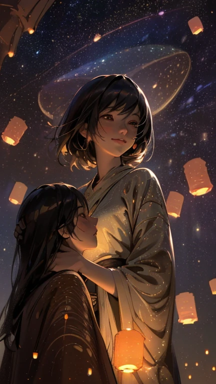 nsfw, Masterpiece, top quality, highly detailed, Photorealistic style, Chiaroscuro style, backlighting,
2 girls, A lesbian couple make out in yukata,
looking at the camera with a smile,
A close-up of their beautiful eyes,
(Lots of fireworks all over the sky,
Many Lanterns floating in the sky,
big shining milky way:1.4),