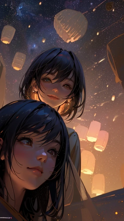 nsfw, Masterpiece, top quality, highly detailed, Photorealistic style, Chiaroscuro style, backlighting,
2 girls, A lesbian couple make out in yukata,
looking at the camera with a smile,
A close-up of their beautiful eyes,
(Lots of fireworks all over the sky,
Many Lanterns floating in the sky,
big shining milky way:1.4),