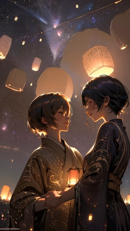 nsfw, Masterpiece, top quality, highly detailed, Photorealistic style, Chiaroscuro style, backlighting,
2 girls, A lesbian couple make out in yukata,
looking at the camera with a smile,
A close-up of their beautiful eyes,
(Lots of fireworks all over the sky,
Many Lanterns floating in the sky,
big shining milky way:1.4),
