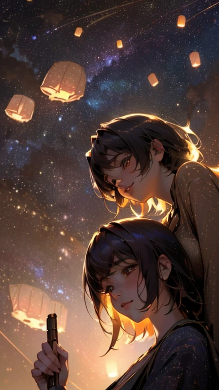 nsfw, Masterpiece, top quality, highly detailed, Photorealistic style, Chiaroscuro style, backlighting, 

2 girls, A lesbian couple make out in yukata,
looking at the camera with a smile,
A close-up of their beautiful eyes,

(Lots of fireworks all over the sky,
Many Lanterns floating in the sky,
big shining milky way:1.4),