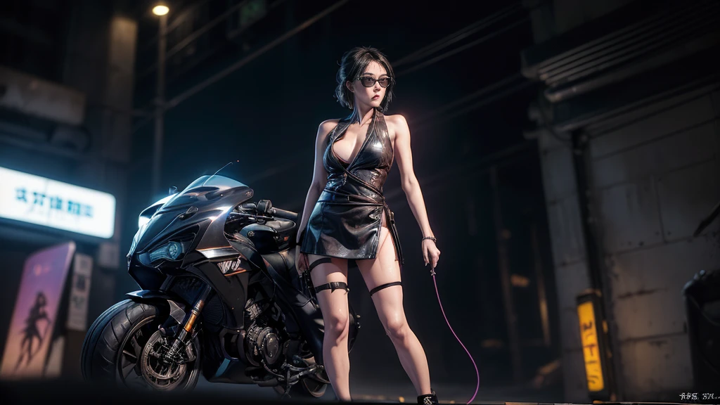 8k, Realistic Skin Texture, Realistic Photo, Neo Tokyo, slim women, large-breast:1.4 cleavage:1.3, AD2050 at night, Dirty hunting jacket, Wearing tube top, miniskirt, (((black sunglasses, automatic rifle, sneakers, cold, shooting pose, very low angle view))), (((((((half-body (thigh level) medium shot))))))), Innovative composition, revenge, cyberpunk, blade runner worldview, Large neon sign, Geisha hologram sign, Strong Wakamoto Sign.
