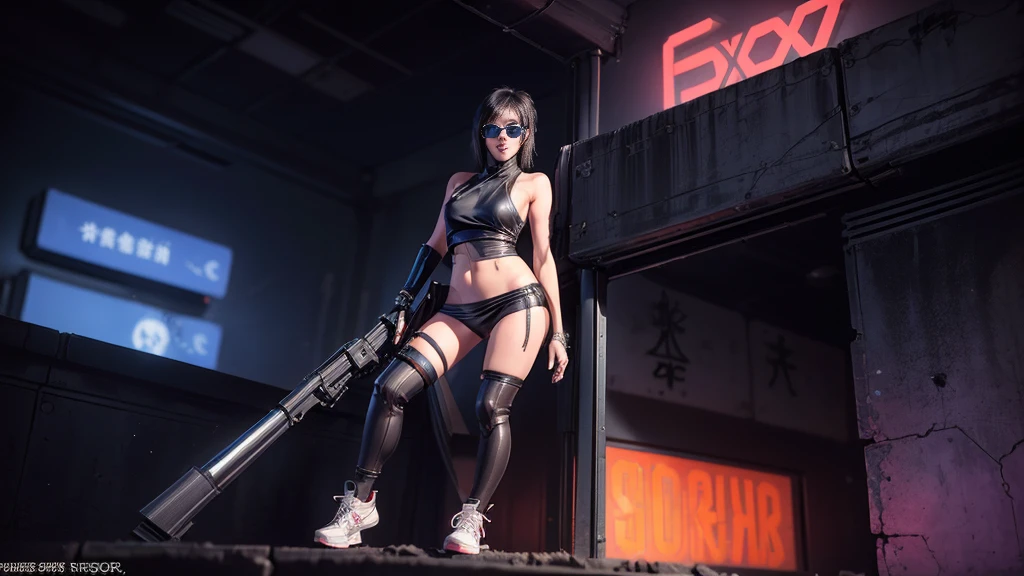 8k, Realistic Skin Texture, Realistic Photo, Neo Tokyo, slim women, large-breast:1.4 cleavage:1.3, AD2050 at night, Dirty hunting jacket, Wearing tube top, miniskirt, (((black sunglasses, automatic rifle, sneakers, cold, shooting pose, very low angle view))), (((((((half-body (thigh level) medium shot))))))), Innovative composition, revenge, cyberpunk, blade runner worldview, Large neon sign, Geisha hologram sign, Strong Wakamoto Sign.