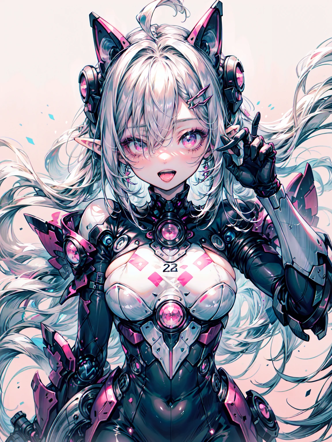 1 Girl, Black Hair, teeth, Floating Hair, Long Hair, Looking at the audience, Open your mouth, Pink Background, Pink Eyes, Pink Theme, alone, Pupil in the shape of a symbol, teeth, （tongue, tongue out）、Organic Armor Cyborg、Machinery Armor、Blake、（Dark Elf), (1 Girl), alone, Perfect Face, Get used to it, Ahoge, ((Long Hair:1.2)), (Hair above one eye:1.3), [[Messy Hair]], Shiny blonde white hair, Purple eyes, Variegated eyes, Colorful Hair, Shining Eyes, (eyelash, eye shadow, pink eye shadow), bright, smile, Design Art：Haruhiko Mikimoto, by Kawashi, By Yoshitaka Amano