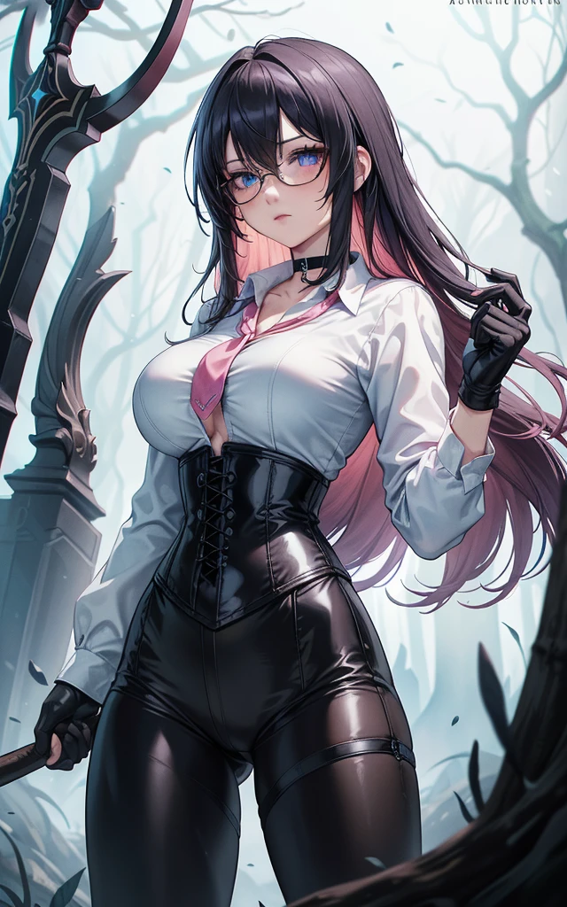 Masterpiece, Beautiful art, professional artist, 8k, art style by sciamano240, Very detailed face, Detailed clothing, detailed fabric, 1 girl, perfectly drawn body, fighting pose, beautiful face, long hair, blue eyes, very detailed eyes, pink cheeks, shy expression, glasses, choker:1.6, (long sleeve white collar buttoned shirt), black gloves, gloves covering hands, (holding an ax in the right hand), (black leather corset), (shiny black leggings), sensual lips ,  evening de invierno, show details in the eyes, view from front, looking at the viewer, dark path, dark forest, evening, Atmosphere, fog