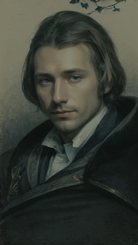 Portrait of Heinrich Heine, white skin, greyish-blue eyes, silky golden-brown hair, refined features, charp jawline, clean shaved, white laced shirt, Art Nouveau style, Mucha style, Mucha background, realism, high quality