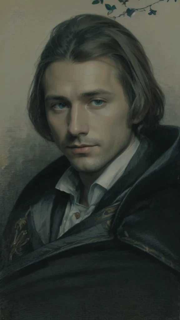 Portrait of Heinrich Heine, white skin, greyish-blue eyes, silky golden-brown hair, refined features, charp jawline, clean shaved, white laced shirt, Art Nouveau style, Mucha style, Mucha background, realism, high quality