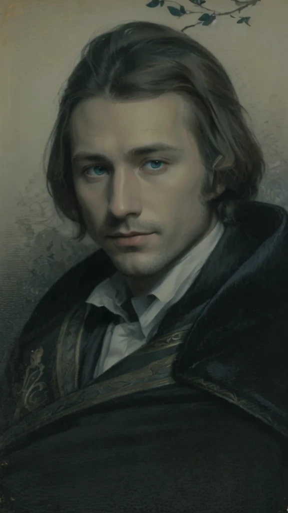 Portrait of Heinrich Heine, white skin, greyish-blue eyes, silky golden-brown hair, refined features, charp jawline, clean shaved, white laced shirt, Art Nouveau style, Mucha style, Mucha background, realism, high quality