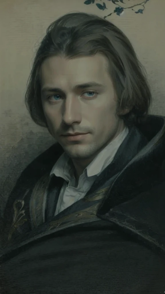 Portrait of Heinrich Heine, white skin, greyish-blue eyes, silky golden-brown hair, refined features, charp jawline, clean shaved, white laced shirt, Art Nouveau style, Mucha style, Mucha background, realism, high quality