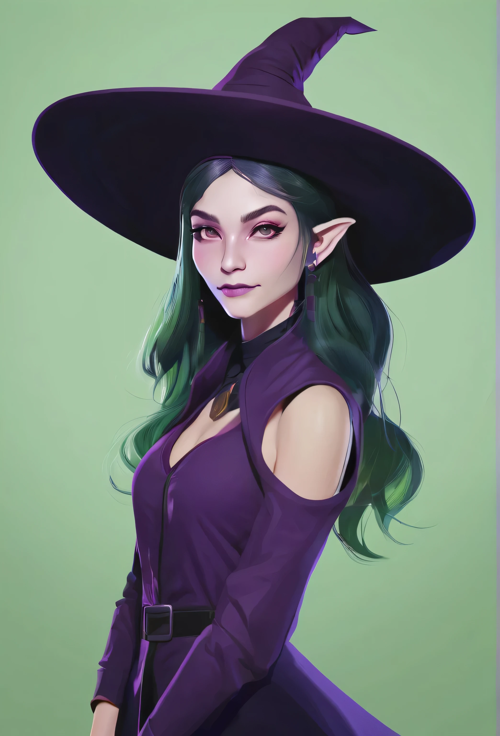 A pale green skin, Beautiful witch woman, half goblin, half human, half of the upper body, dark purple garments