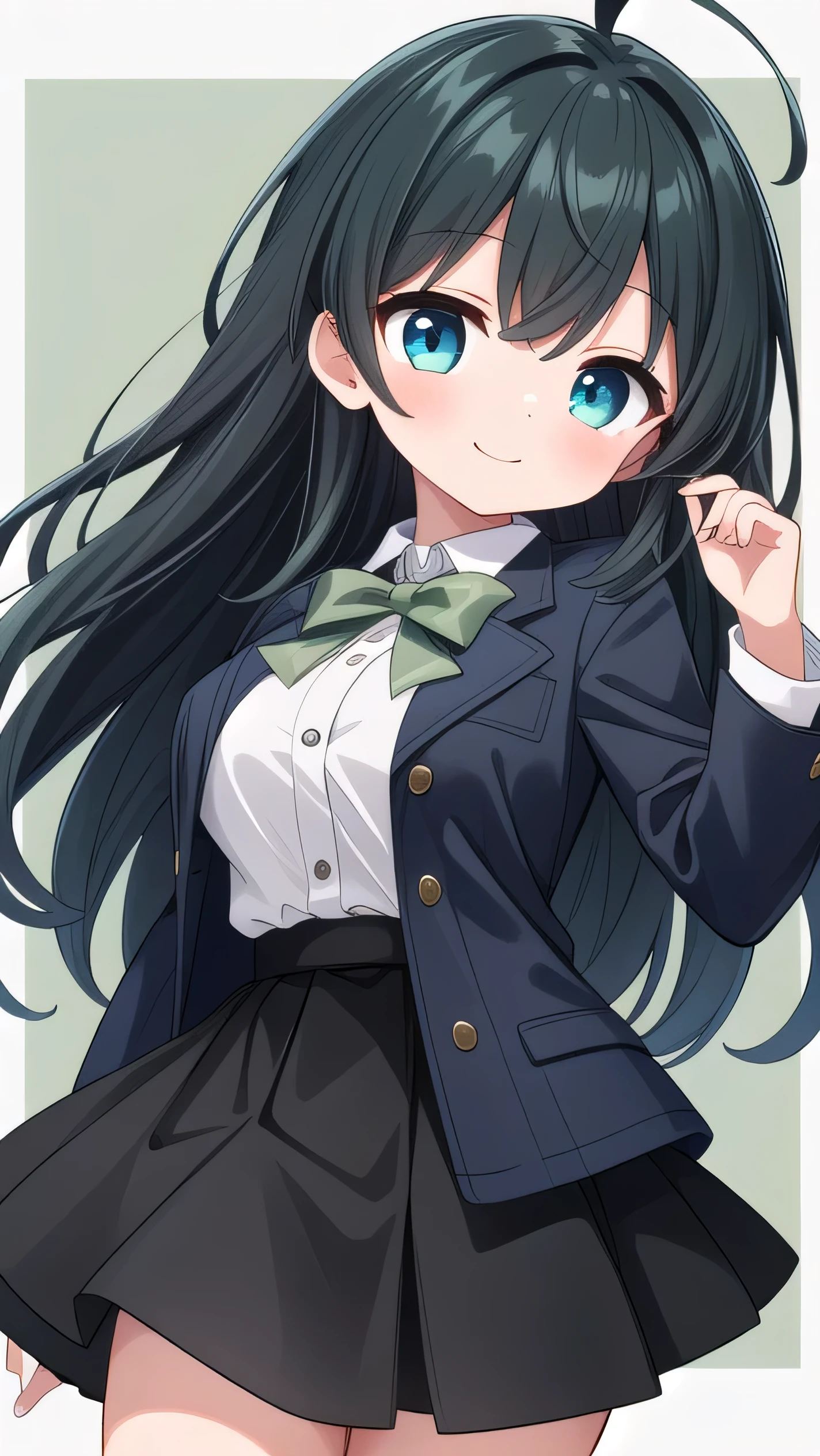 Junior high school student who looks like an elementary school student, 14 years old, very short, 140 cm tall, black hair with a slight green tinge, short ahoge, beautiful long hair but with a little hair sticking out, beautiful round eyes, blue eyes, smile, boyish, long sleeves, Thick clothes, skirt, big breasts, hair longer than waist, long hair, childish face, gentle smile, a little shy, black skirt, black hair with a slight green tinge, boyish, gentle smile, jacket one size larger, ( Deep greenish black hair: 1.3)