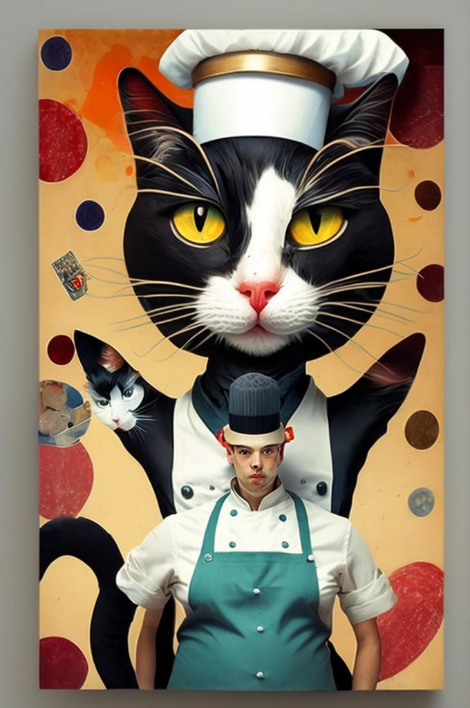 French chef with cat face、Arrangement work、Serious expression、(Dynamic pose:1.4)、Outstanding works of art、(Avant-garde masterpieces:1.6)、Flashy colors、