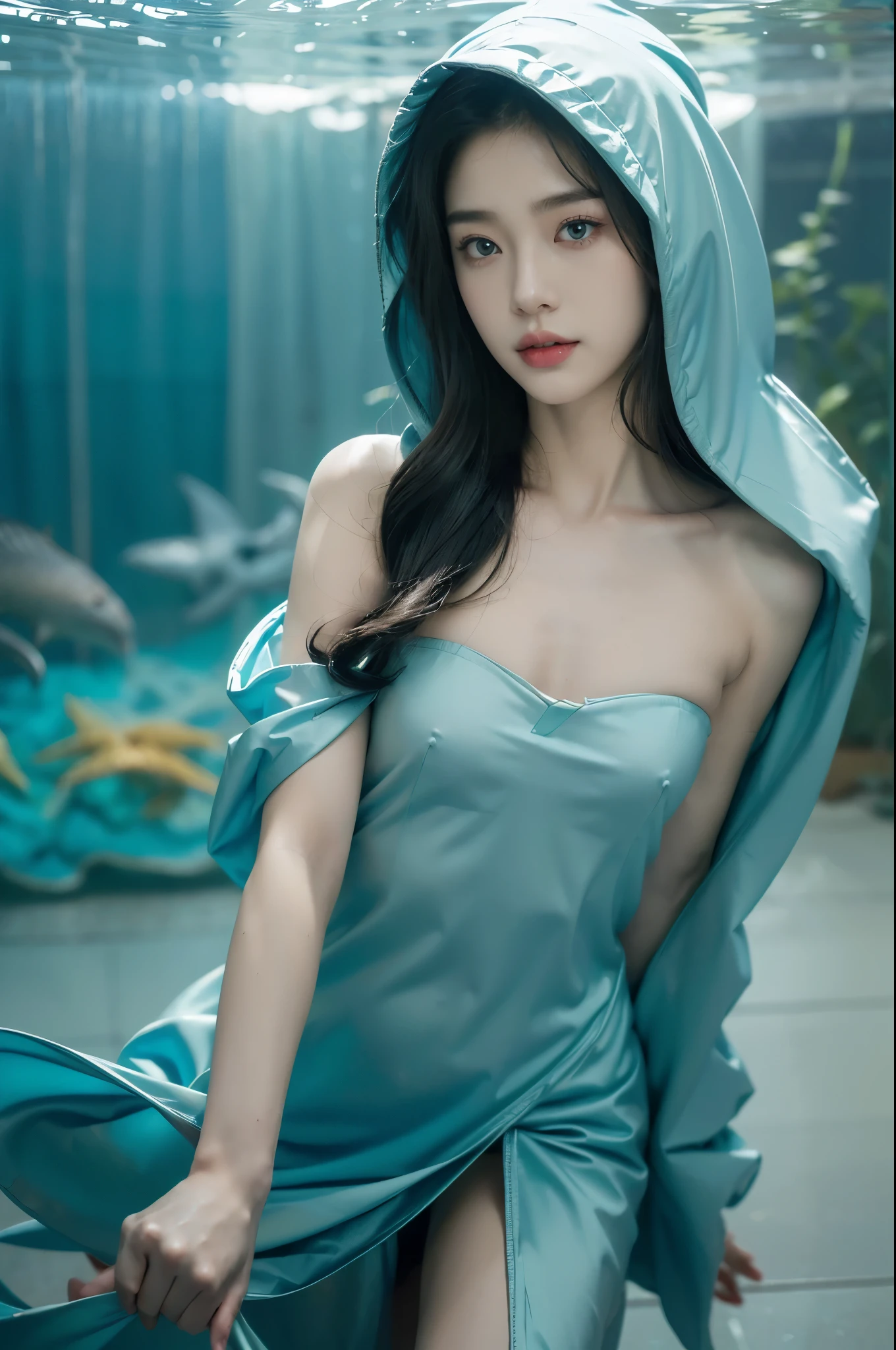 (((best quality))),(((ultra detailed))),(((masterpiece))),illustration,(1 beautiful girl,shark girl,solo),((slim,thin,small breasts,flat chest)),aquarium,summer night,(sleek strapless sharkhead-hooded bra:1.3),shimmering hues,enchanting aura,(shoulder length straight bob hair:1.2),ocean-blue locks,shiny seaweed,porcelain skin,neon lights,emerald eyes,sharp gaze,delicate shark fin,translucent membrane,dancing fish,vibrant colors,undulating water,salty scent,distant waves,coral reef,gentle shadows,serene ambiance,electric atmosphere,Alezandra,oceanic magic,allure,enchantment,vision,extraordinary presence,((from front,close-up of face))