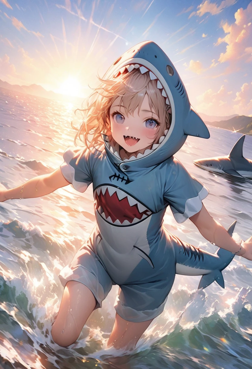masterpiece, best quality, extremely detailed CG unity 8k wallpaper, Illustration of a cute girl wearing a shark costume. playing in the sea. The sun's rays reflect on the sea, creating a variety of colors. The background is a realistic representation.