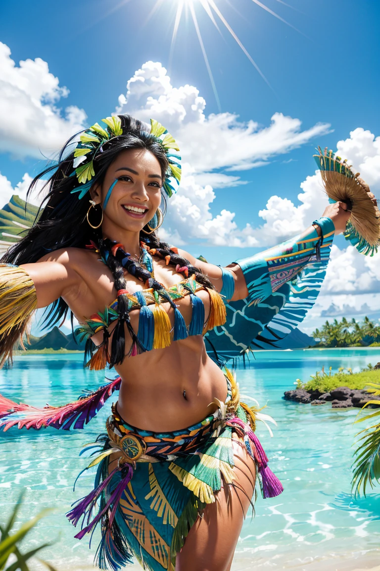 (((35 year old Polynesian woman, colorful top, grass skirt, blue eyes))), (((black hair))), extremely feminine, smiling, wonderful smile,
dynamic poses, lighthearted moments, capturing the excitement and energy, tropical island, blue lagoon, 8k , photorealistic