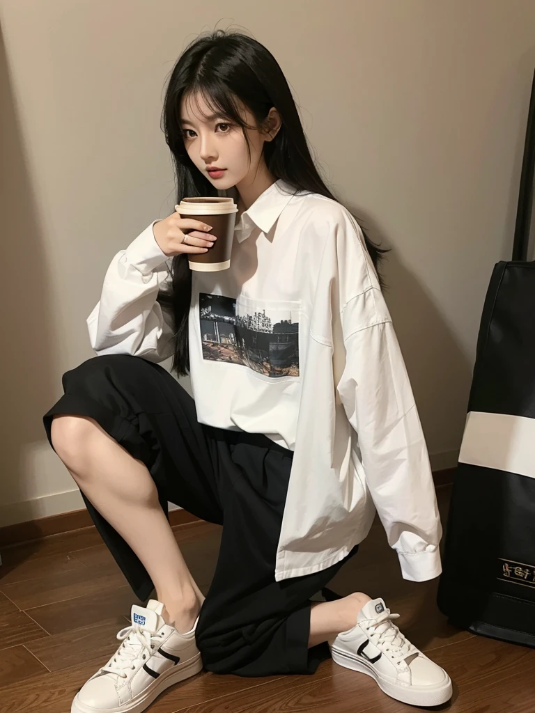 an Asian woman, 30 years old, black layered hair, 155 cm tall, wearing baggy black pants, light brown shirt unbuttoned, holding a coffee cup, white sneakers.