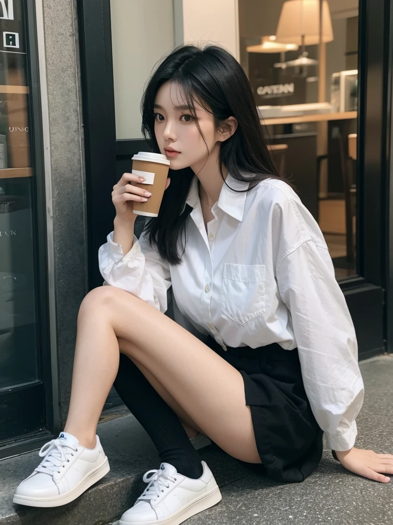 an Asian woman, 30 years old, black layered hair, 155 cm tall, wearing baggy black pants, light brown shirt unbuttoned, holding a coffee cup, white sneakers.