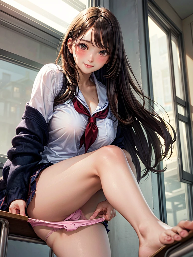 (masterpiece:1.2, Highest quality), (Realistic, photoRealistic:1.4), Beautiful illustrations, (Natural Side Lighting, Cinema Lighting),
View your viewers, Cowboy Shot, (From below, Panty shot:1.5), 1 Girl, Japanese, high school girl, Perfect Face, Cute and symmetrical face, Sunburn, Shiny skin,
(Long Hair, Curvy Hair, Brown Hair), Swept-apart bangs, Chestnut brown eyes, Long eyelashes, (Large Breasts),
Beautiful Hair, Beautiful Face, Beautiful attention to detail, Beautiful clavicle, Beautiful body, Beautiful breasts, Beautiful thighs, Beautiful feet, Beautiful fingers,
(school uniform:1.2, panties, Bottomless),
(Beautiful views), (classroom, window), Are standing, (Cute smile, blush),