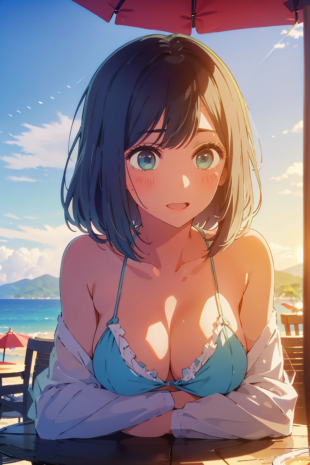 (Highest quality:1.4、masterpiece:1.4、Super detailed:1.4、8K:1.4)、((((1 person、Surprised expression、sit、Outdoor café terrace、coastal、juice、table、Sandy Beach、bikini、juiceのグラスを持つ、Big eyes、Shallow depth of field、Very cute face))))、(((bikiniサイズは小さい)))、F cup bust、Big Breasts、Get up close and take a photo、sunset、Sunset