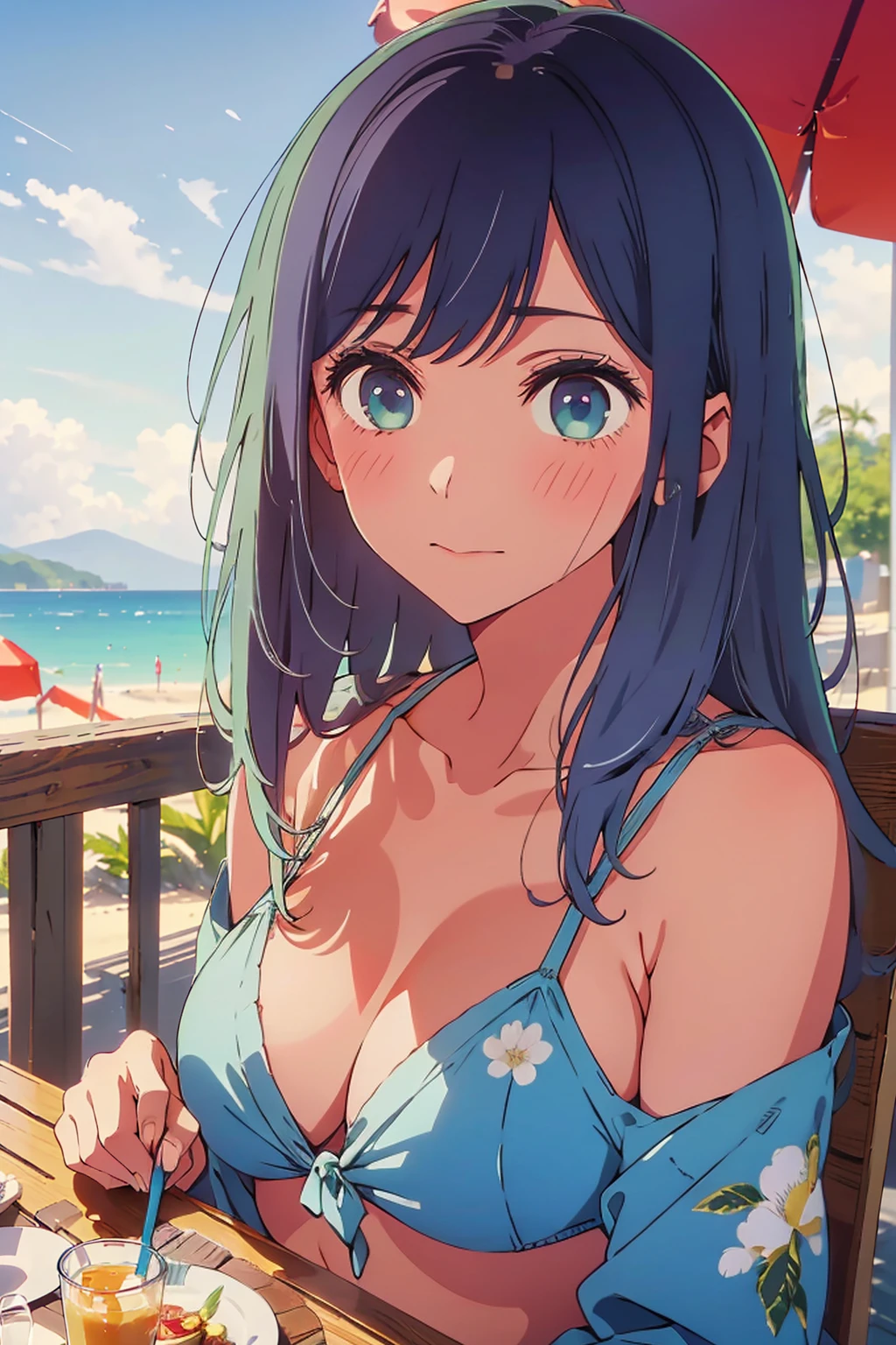 (Highest quality:1.4、masterpiece:1.4、Super detailed:1.4、8K:1.4)、((((1 person、Surprised expression、sit、Outdoor café terrace、coastal、juice、table、Sandy Beach、bikini、juiceのグラスを持つ、Big eyes、Shallow depth of field、Very cute face))))、(((bikiniサイズは小さい)))、F cup bust、Big Breasts、Get up close and take a photo、sunset、Sunset