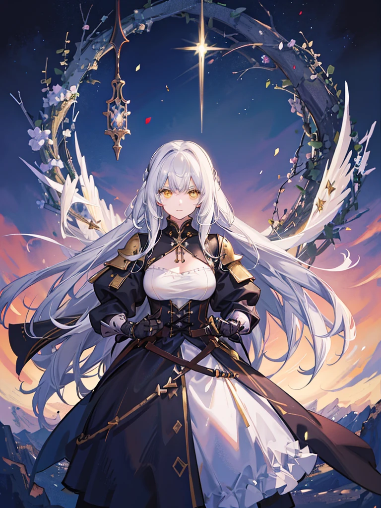25-year-old male、White long hair、Yellow Eyes、Black Magic Sword、Medieval Europe、Black Steel Armor、Expressionless、Dark Magic