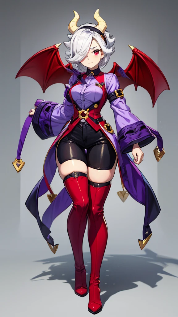 score_9, score_8_up, score_7_up, score_6_up, score_5_up, score_4_up, source_anime , colettetrixie, red skin, sharp teeth, hair over one eye, hairband, demon horns, colored sclera, purple shirt, purple shorts, demon wings, thigh high boots, red boots, heels,