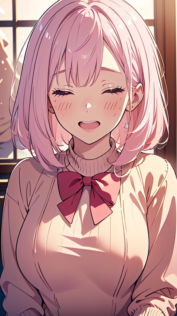 8k,(High quality:1.4),(best quality:1.4),(masterpiece:1.4),(huge breasts:1),(beautiful face:1.3),(beautiful woman:1.3),(pale pink hair:1.4),medium hair,a mole around the mouth,(enjoy:1.6),(closed eyes:1),(burst into laughter:1.4), (squinting:1.2)(school uniform:1.1),(beige sweater:1.2),(close-up:1.2),a red bow tie,(leaning forward:1.2)
